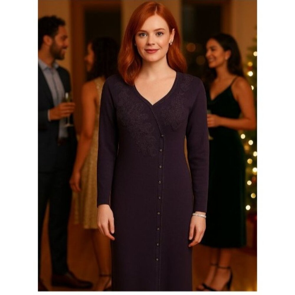 Carole Little P/S Beaded Long Sweater Dress Purple Button Front Holiday Party